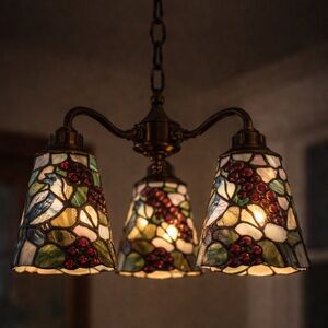 Antique Vtg Tiffany Style Stained Glass Grape & Blue Jay Light Shades Set of 3